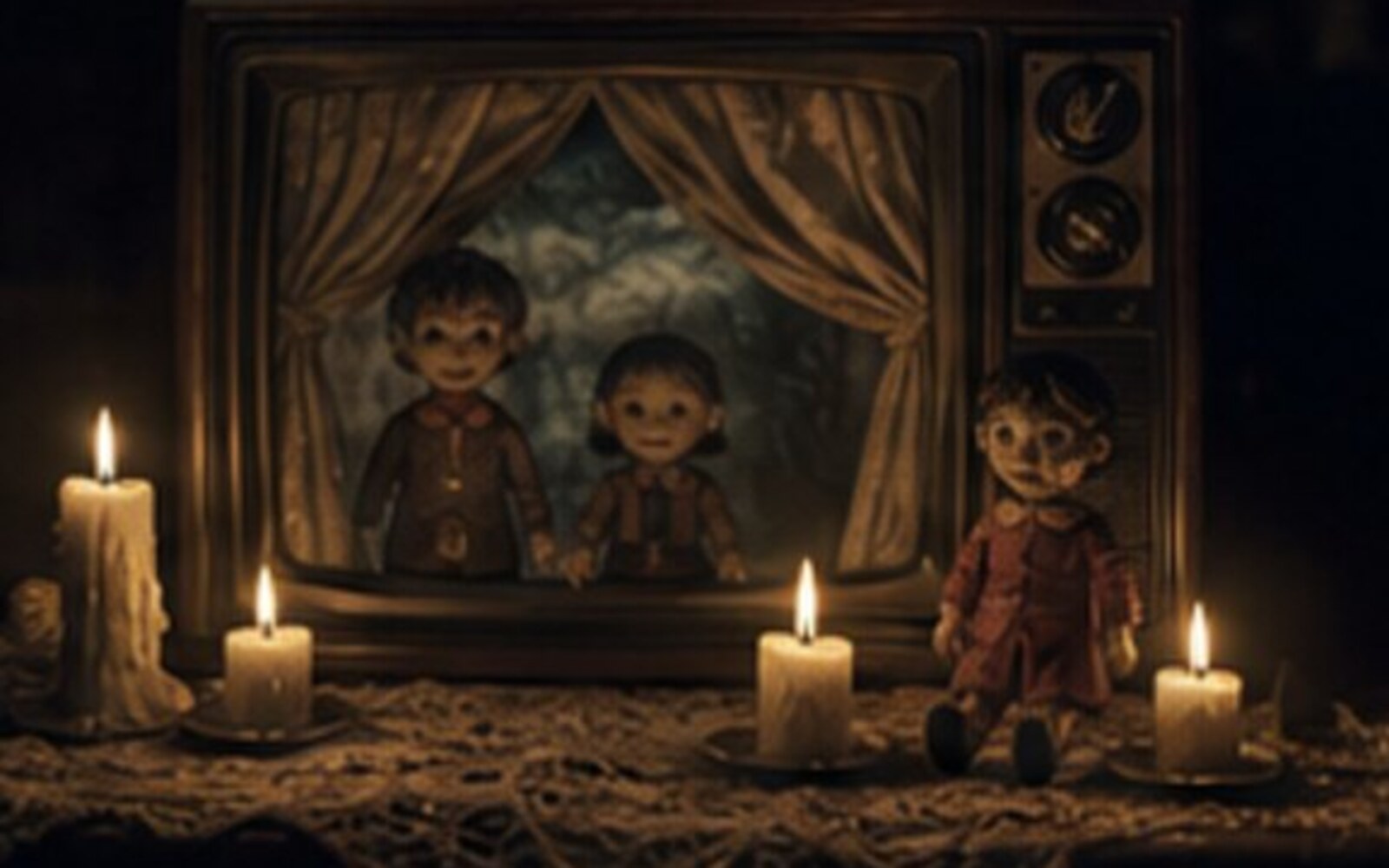 촛불 앞의 낡은 인형극 TV 화면
